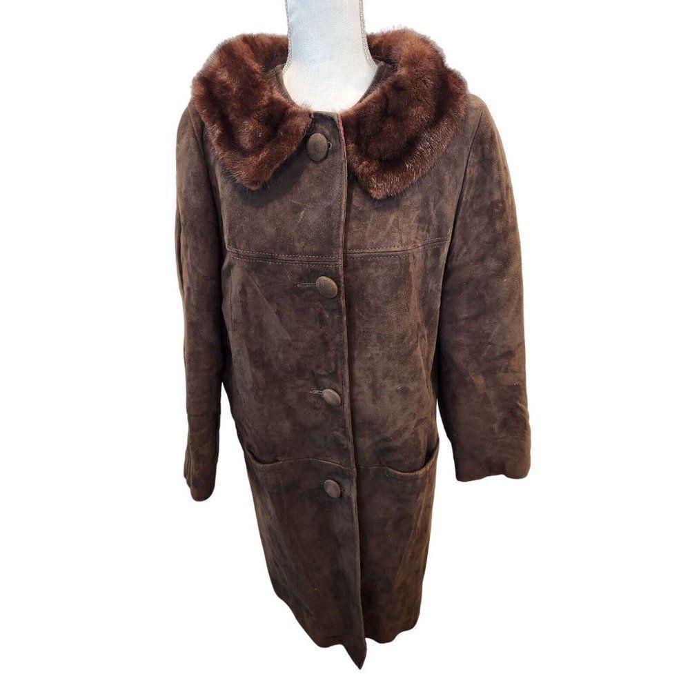 Vintage 60s Brown Mink Collar Suede Leather Coat Jacket L Mod Glam Pinup Volump